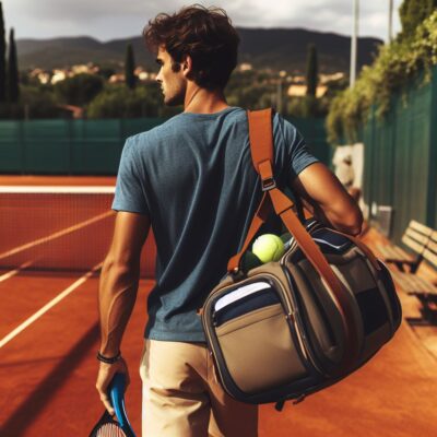 Tennisspieler mit Schläger und Tennistasche